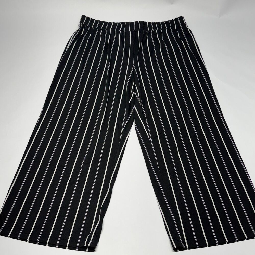 Messini Black White Striped Wide Leg Womens Pants Elastic Waist PXL Boho Chic